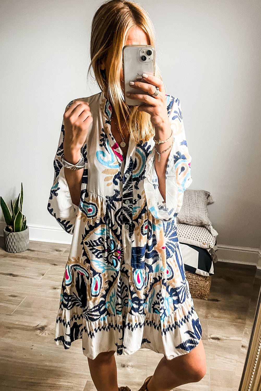 White Ethnic Print Boho Button Tiered Mini Dress - Sluxe Fashions