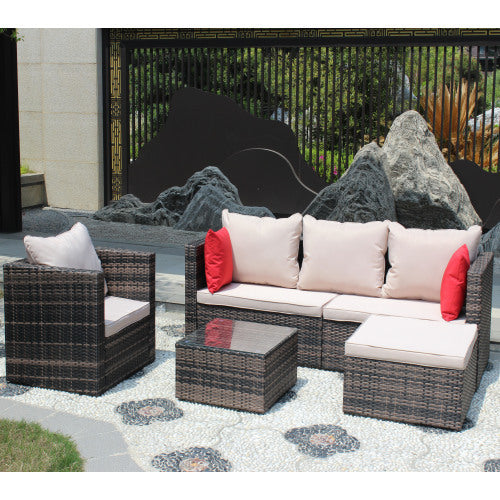 Rattan Patio Furniture Set Wicker Sofa Cushioned Sectional Furniture Set Garden Patio Sofa Set 4 Pieces, Brown - Sluxe Global