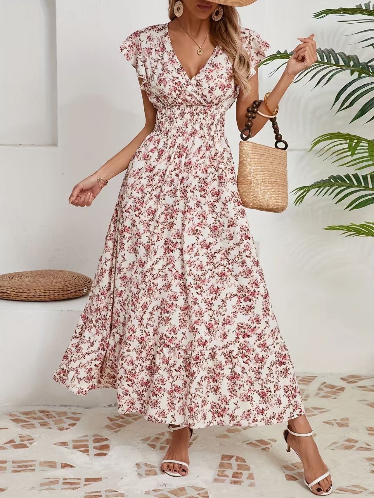 Fashion Floral Long Sleeve Waist Swing Dress - Sluxe Global