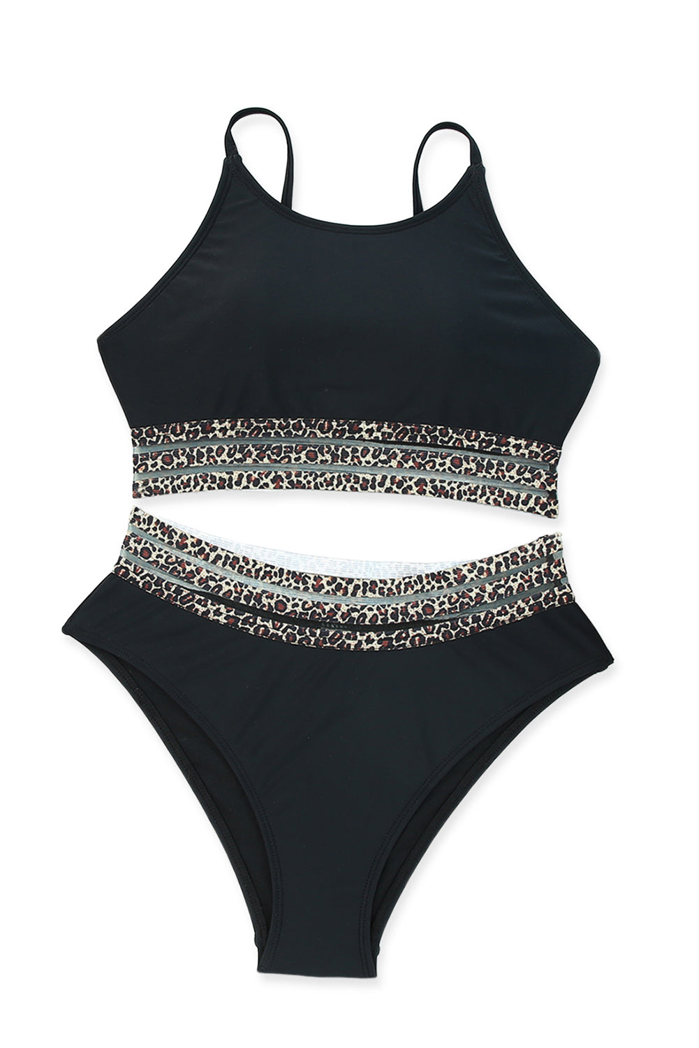 Black Leopard Print Spaghetti Strap Padded Wireless Bikini Set - Sluxe Fashions