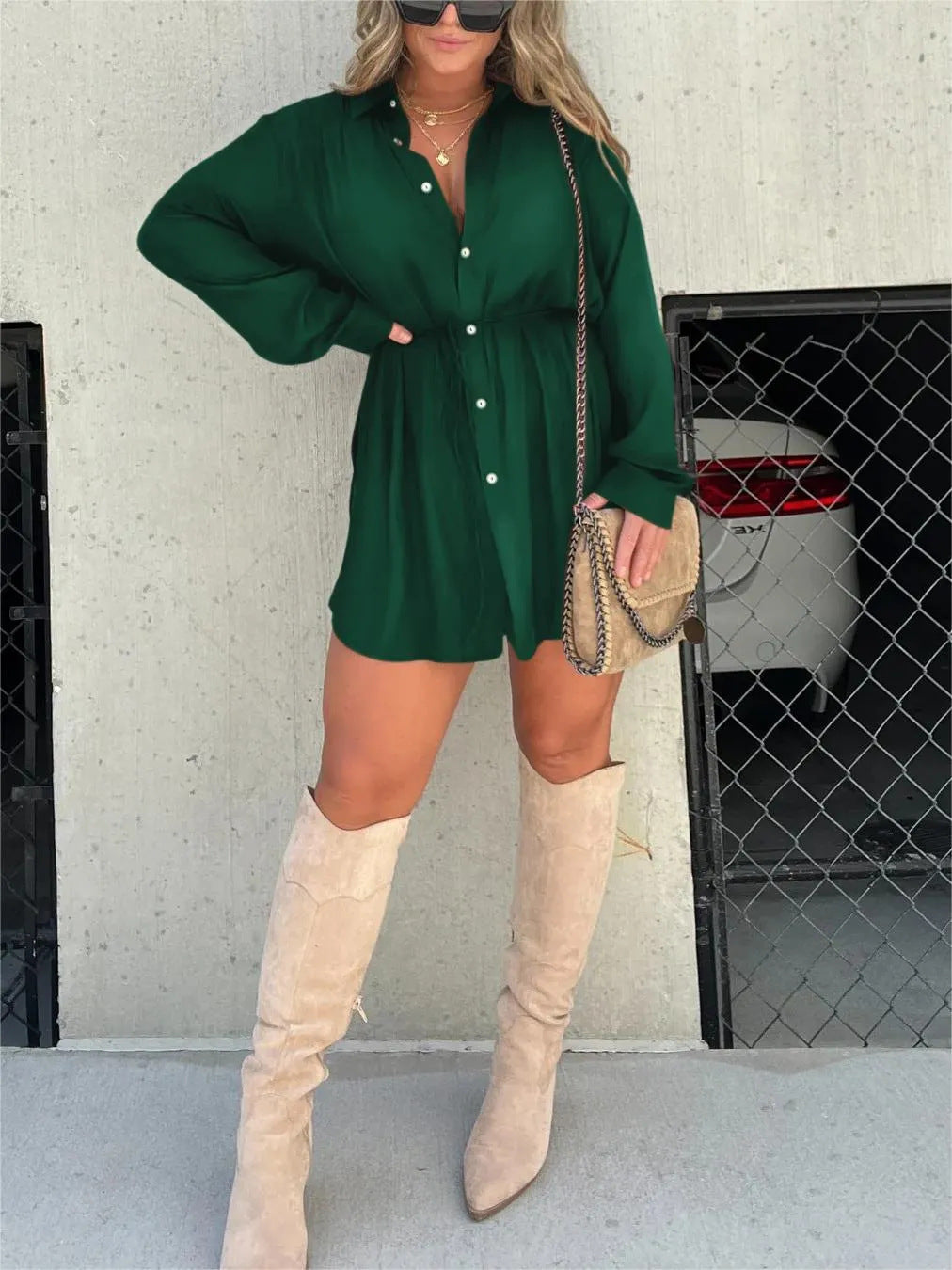 Women's Long Sleeve Jumpsuit With Button Fashion Shirt Dress - Sluxe Fashions