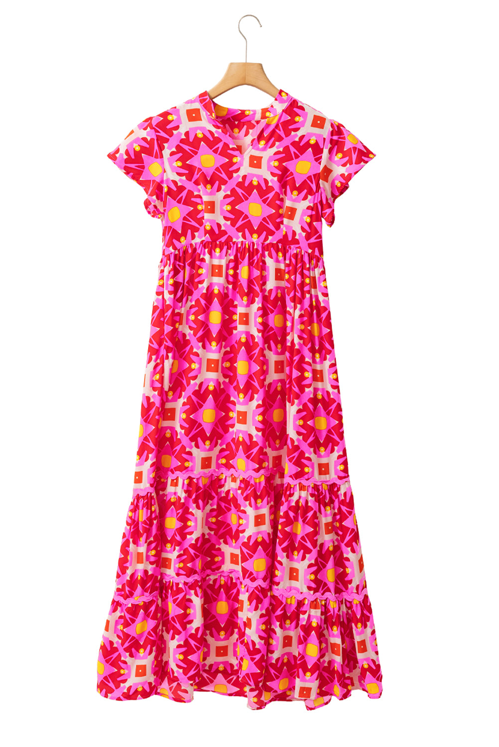 Sea Green Abstract Print Pleated Flounce Sleeve Maxi Dress - Sluxe Fashions