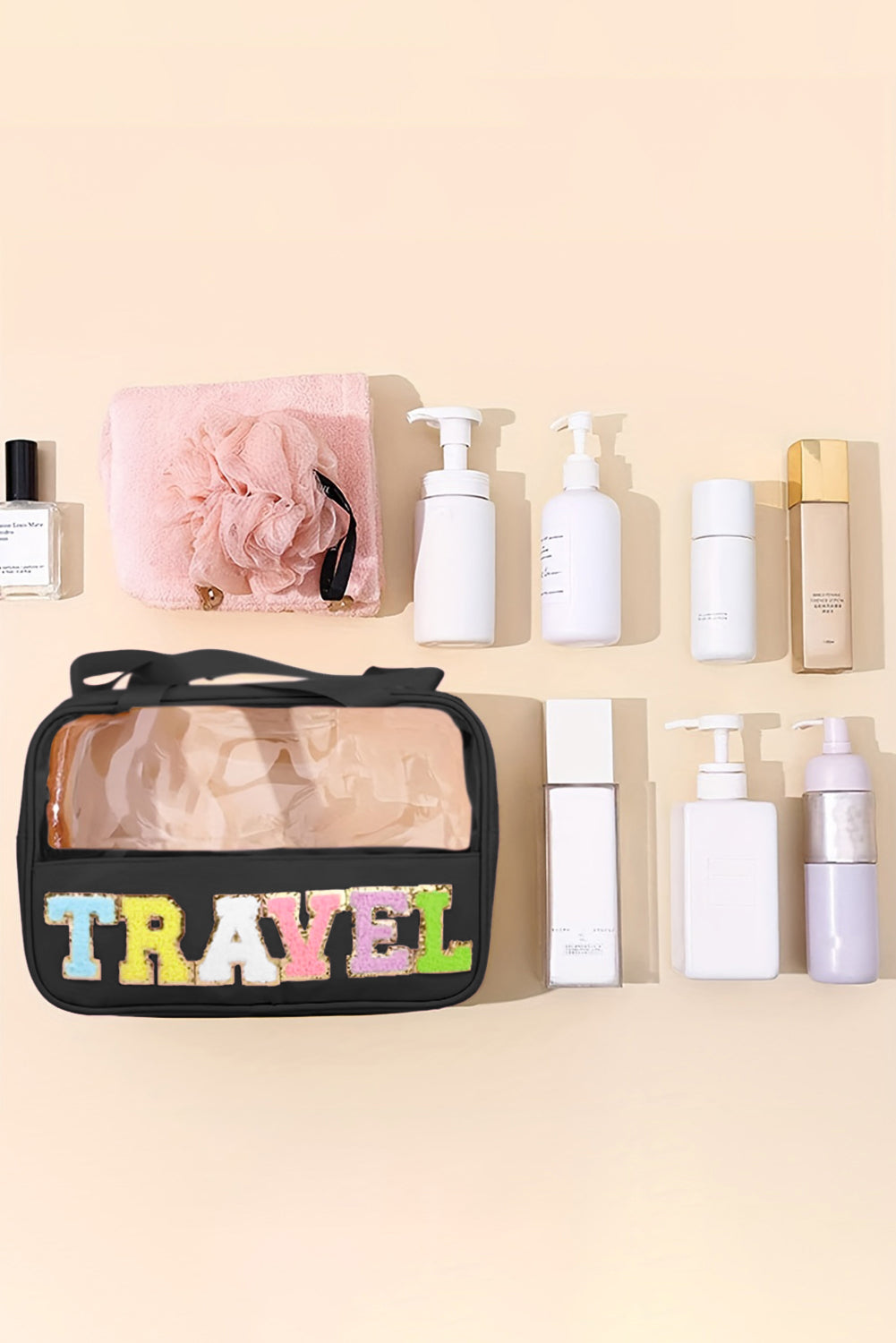 Black TRAVEL Chenille Letter Clear PVC Makeup Bag - Sluxe Fashions
