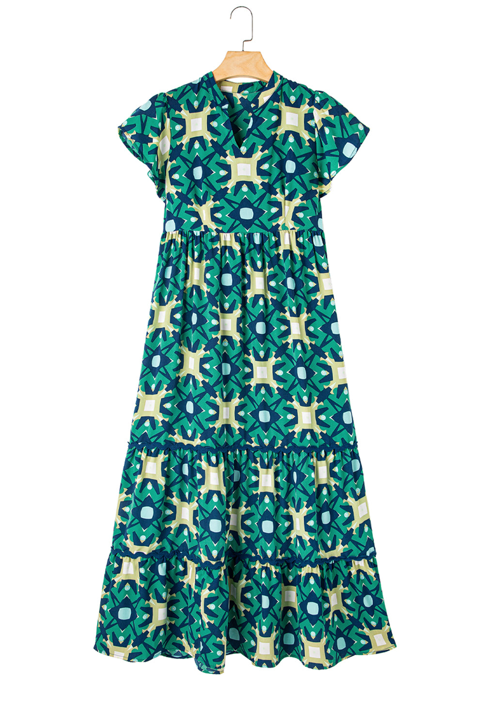 Sea Green Abstract Print Pleated Flounce Sleeve Maxi Dress - Sluxe Fashions