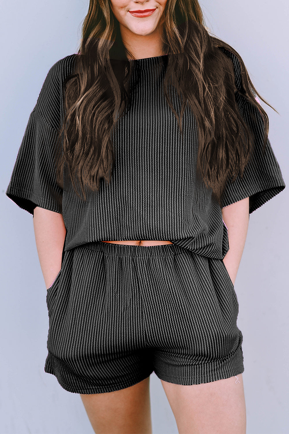 Orange Ribbed Textured Loose Fit Tee & Shorts Set - Sluxe Fashions