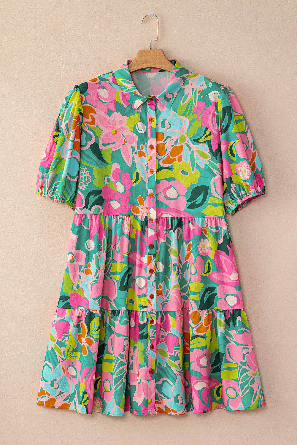 Green Floral Puff Sleeve Buttoned Babydoll Dress - Sluxe Fashions