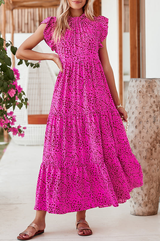 Rose Red Leopard Print Ruffle Sleeveless Maxi Dress - Sluxe Fashions
