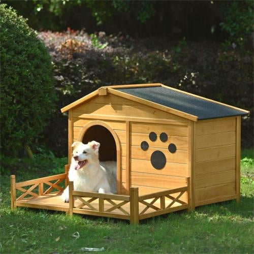 48 Wooden Dog House Outdoor With Porch, Dog Kennel With Water-Resistant Asphalt Roof And Fencing,Indoor & Outdoor Dog Crate With Paw Print, Medium, Nature Sluxe Global