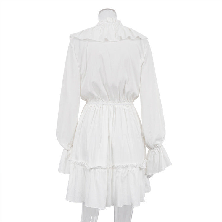 Fashion V Neck Pleated Ruffle Long Sleeve Dress Y2K V Neck Flared Sleeve Short Dress Women's Clothing - Sluxe Fashions