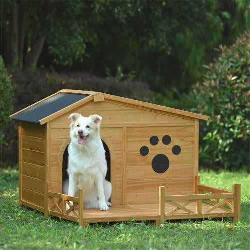 48 Wooden Dog House Outdoor With Porch, Dog Kennel With Water-Resistant Asphalt Roof And Fencing,Indoor & Outdoor Dog Crate With Paw Print, Medium, Nature Sluxe Global