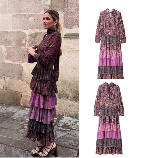 Women's Clothing Stitching Printing Pullover Stand Collar Long Dress - Sluxe Global