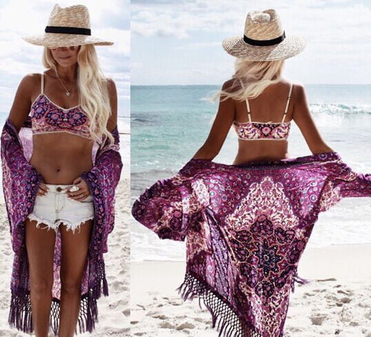 Chiffon Beach Resort Wear Purple Orientation Flower Beach Bikini - Sluxe Fashions