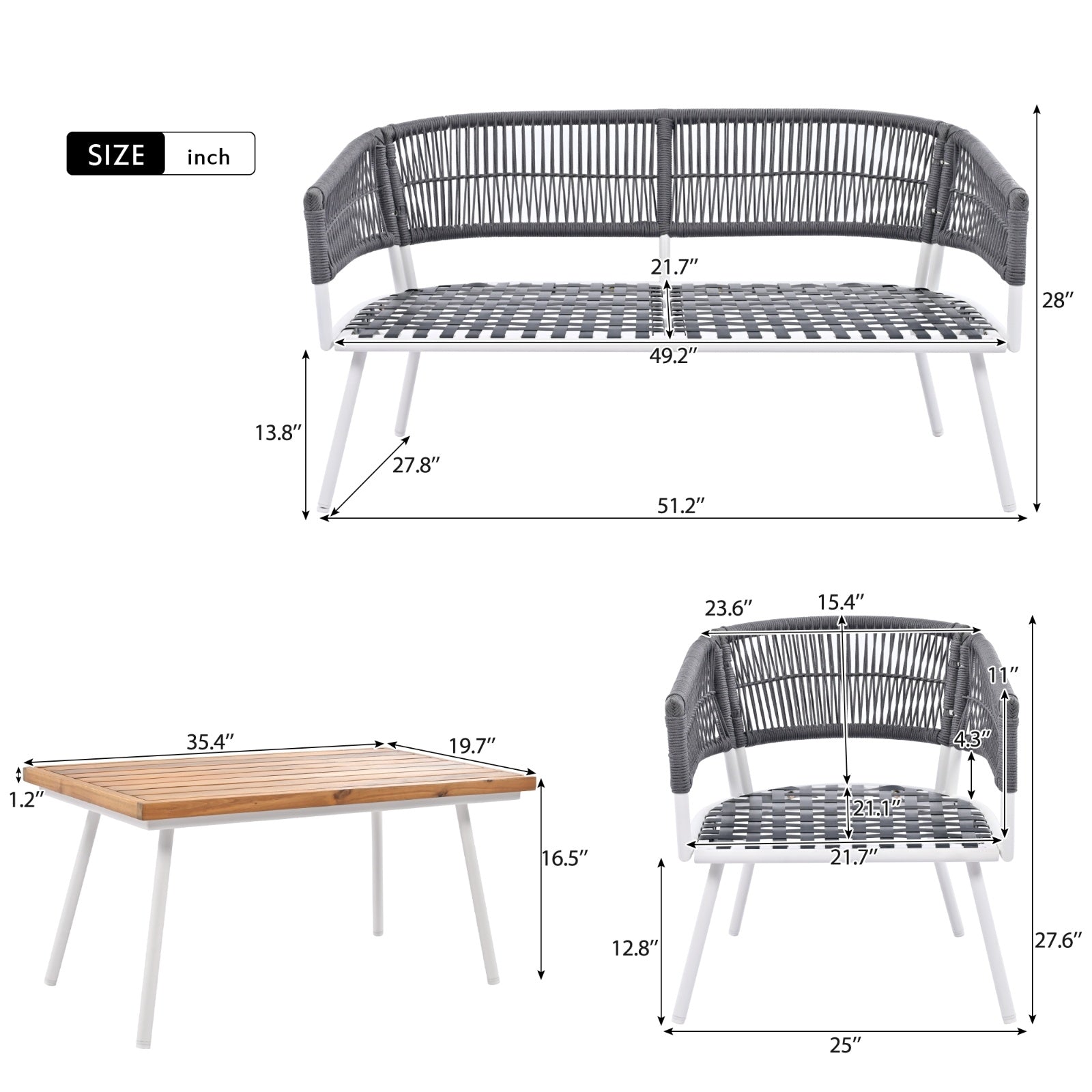 K&K 4-Piece Boho Rope Patio Furniture Set, Outdoor Furniture With Acacia Wood Table, Patio Conversat - Sluxe Global