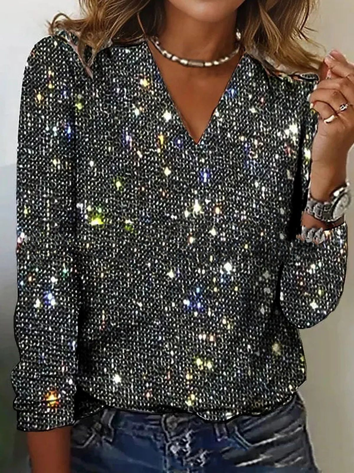 Women's Pure Color Sequins Long-sleeved T-shirt Sluxe Global