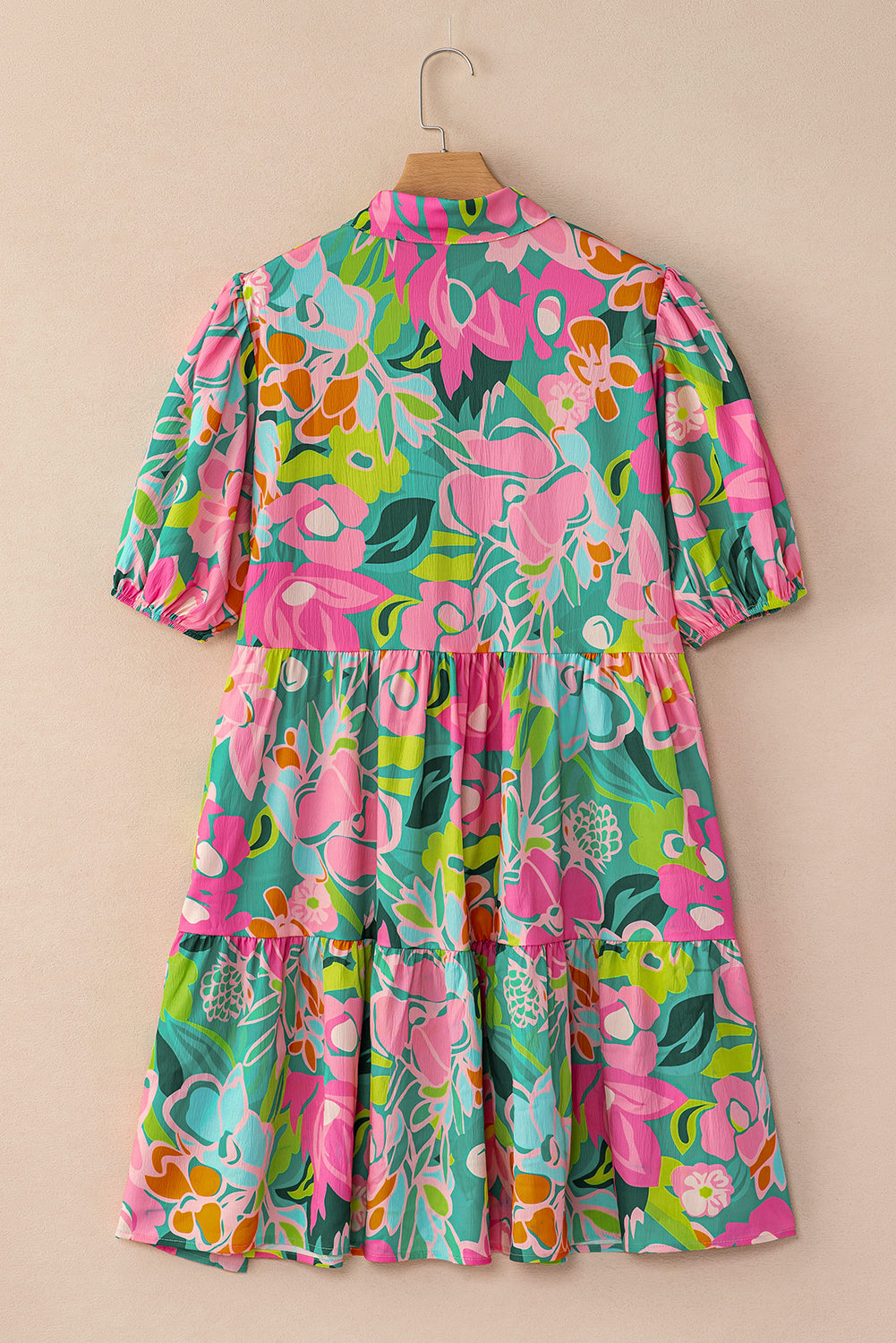 Green Floral Puff Sleeve Buttoned Babydoll Dress - Sluxe Fashions