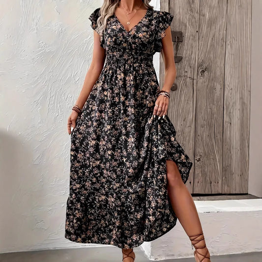 Fashion Floral Long Sleeve Waist Swing Dress - Sluxe Global