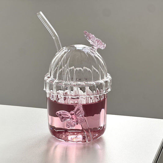 Vertical Straw Butterfly Cup With Straw Borosilicate Glass - Sluxe Fashions