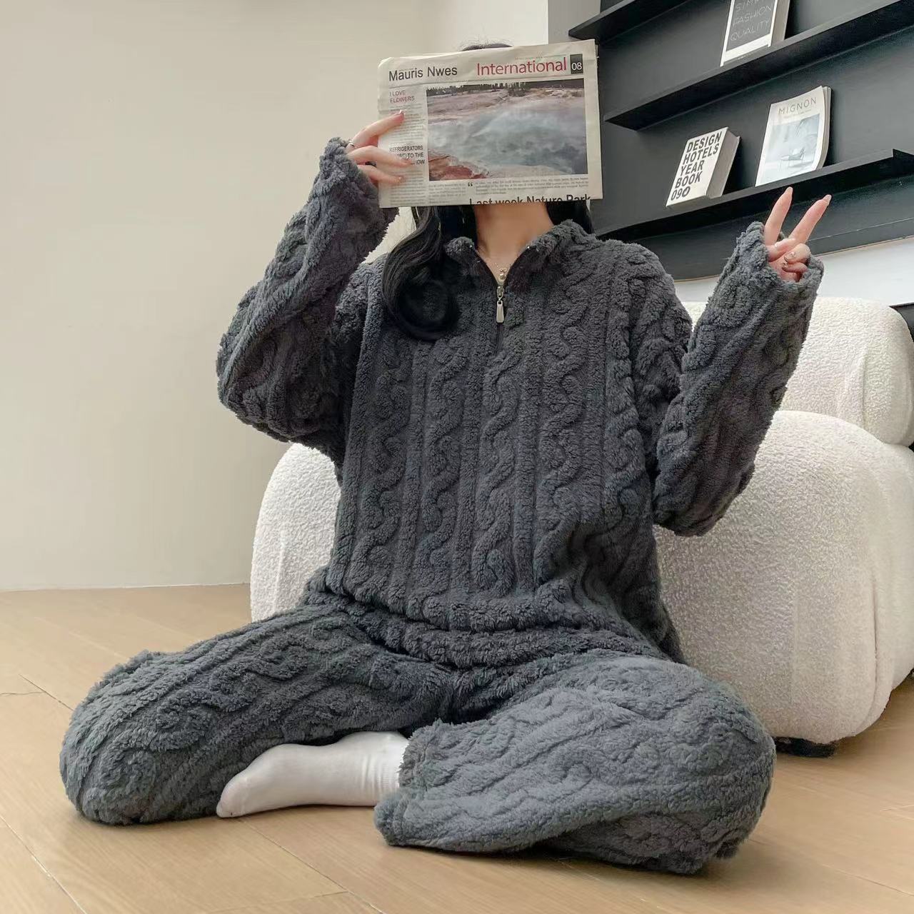 Autumn And Winter New Twist Zipper Couple Fleece-lined Thick Coral Fleece Pajamas Homewear Loungewear Sleepwear For Sleeping - Sluxe Fashions