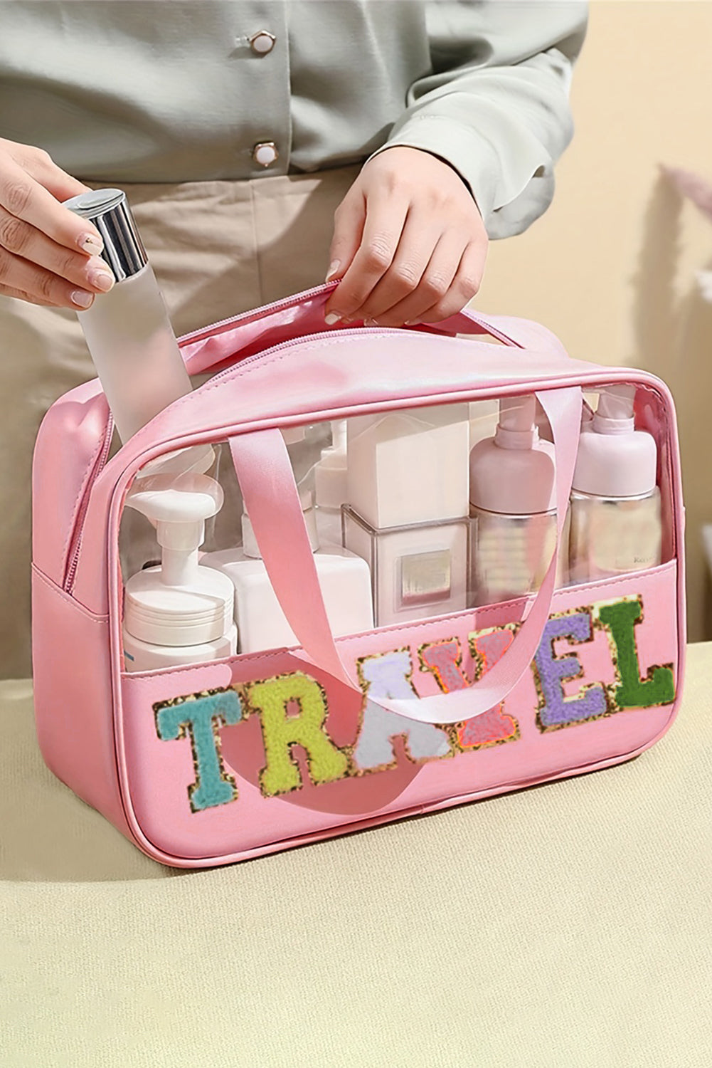 Black TRAVEL Chenille Letter Clear PVC Makeup Bag - Sluxe Fashions