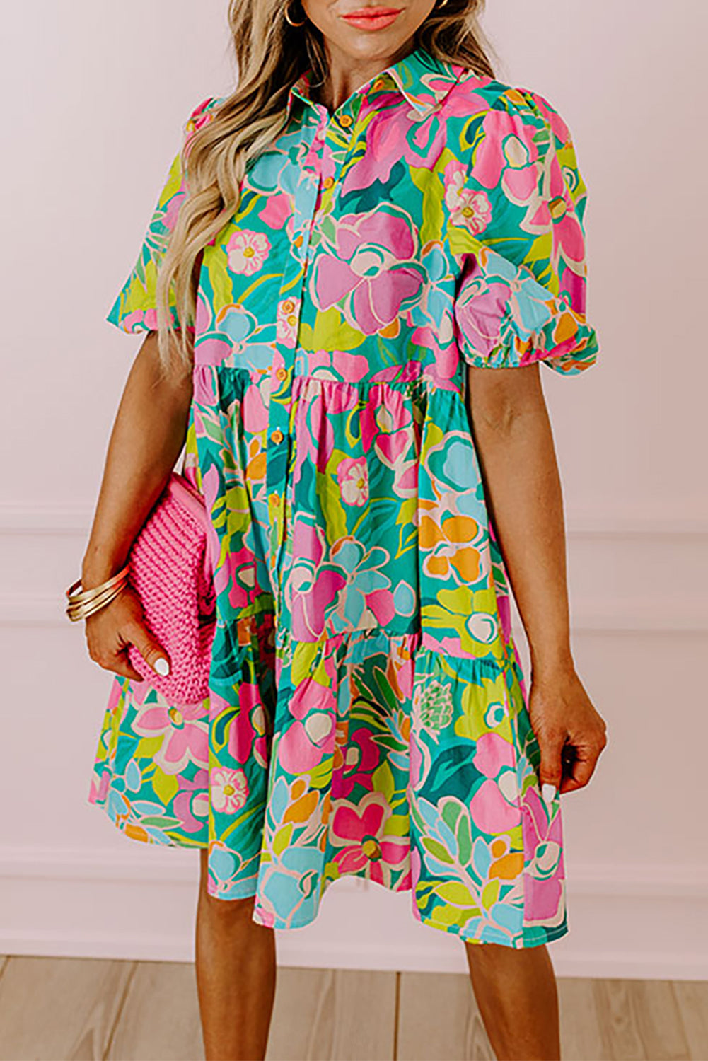 Green Floral Puff Sleeve Buttoned Babydoll Dress - Sluxe Fashions
