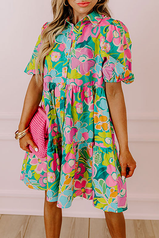 Green Floral Puff Sleeve Buttoned Babydoll Dress - Sluxe Fashions