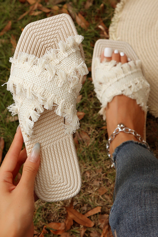 Beige Tassel Woven Crossed Straps Flat Slides Shoes - Sluxe Fashions