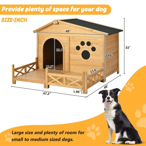 48 Wooden Dog House Outdoor With Porch, Dog Kennel With Water-Resistant Asphalt Roof And Fencing,Indoor & Outdoor Dog Crate With Paw Print, Medium, Nature Sluxe Global