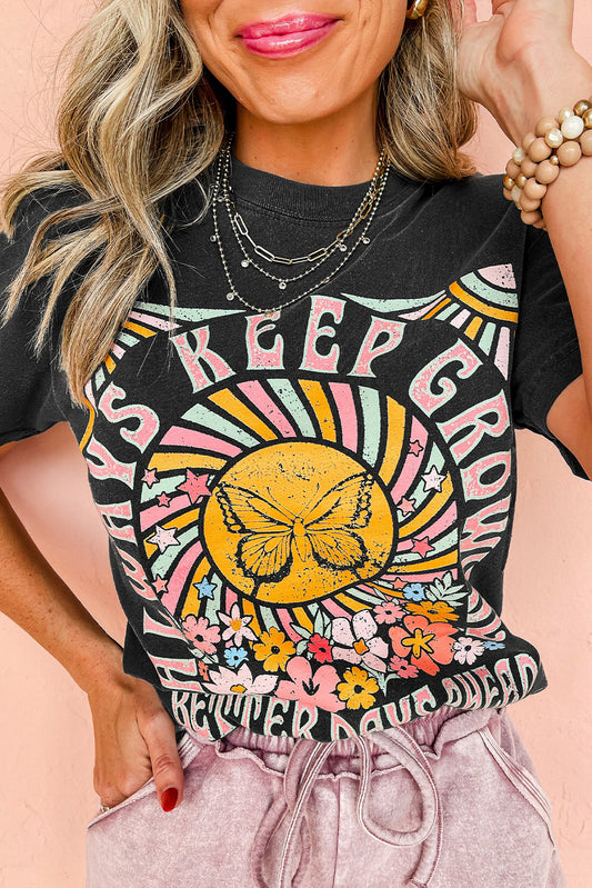Black Always Keep Growing Butterfly Flower Graphic Tee - Sluxe Fashions