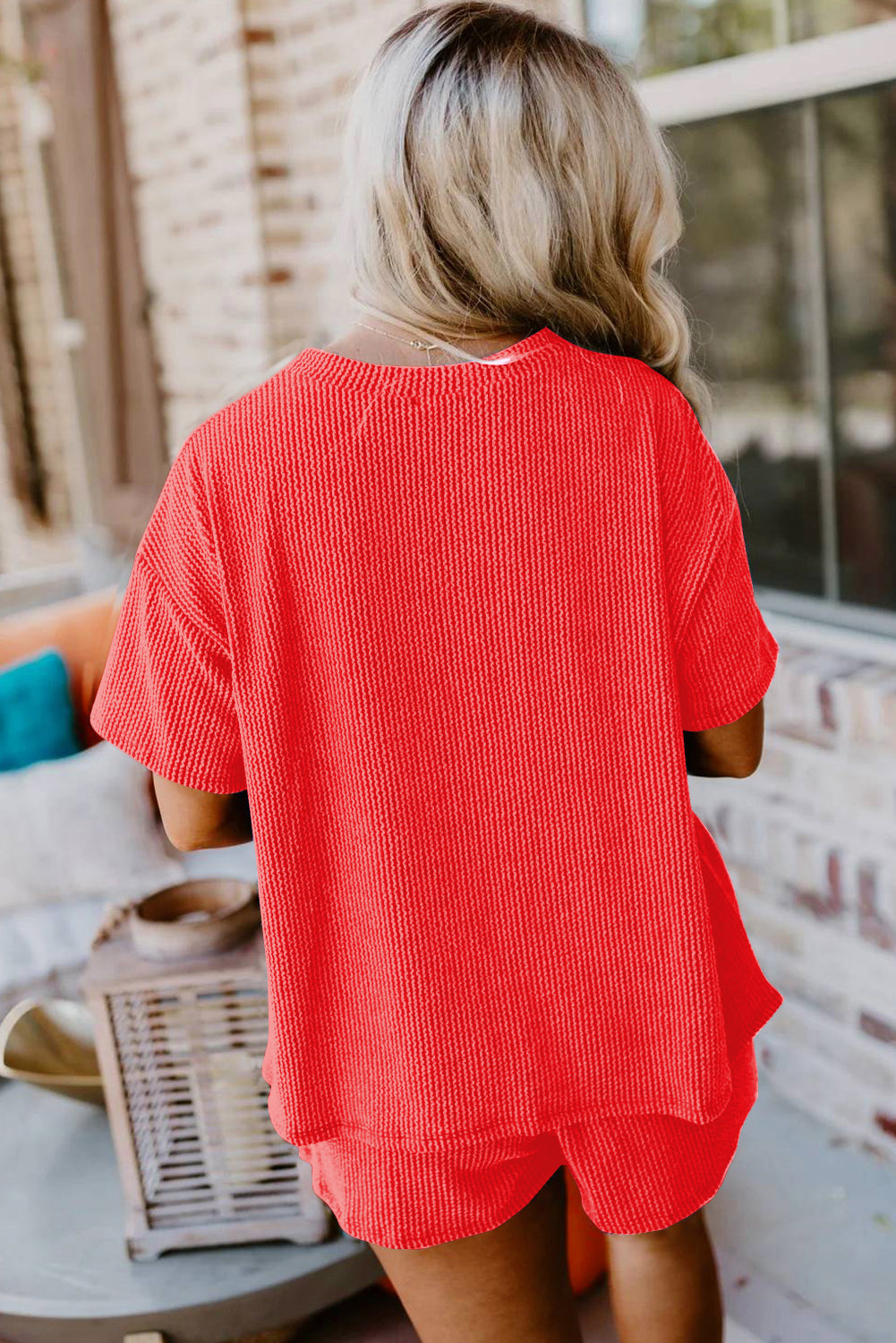 Orange Ribbed Textured Loose Fit Tee & Shorts Set - Sluxe Fashions