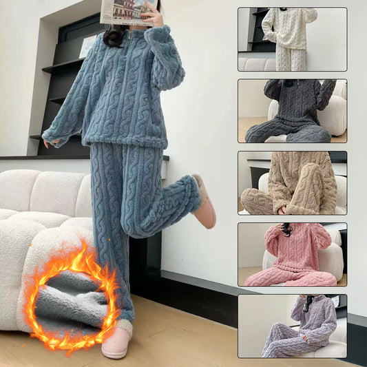 Autumn And Winter New Twist Zipper Couple Fleece-lined Thick Coral Fleece Pajamas Homewear Loungewear Sleepwear For Sleeping - Sluxe Fashions