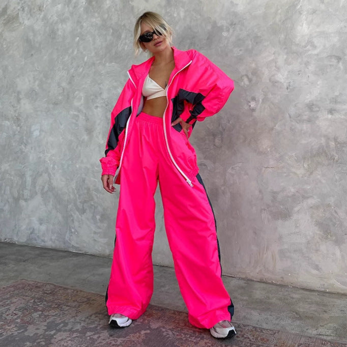 Casual Loose Color Matching Long Sleeve Zipper Cardigan Sports Suit - Sluxe Global