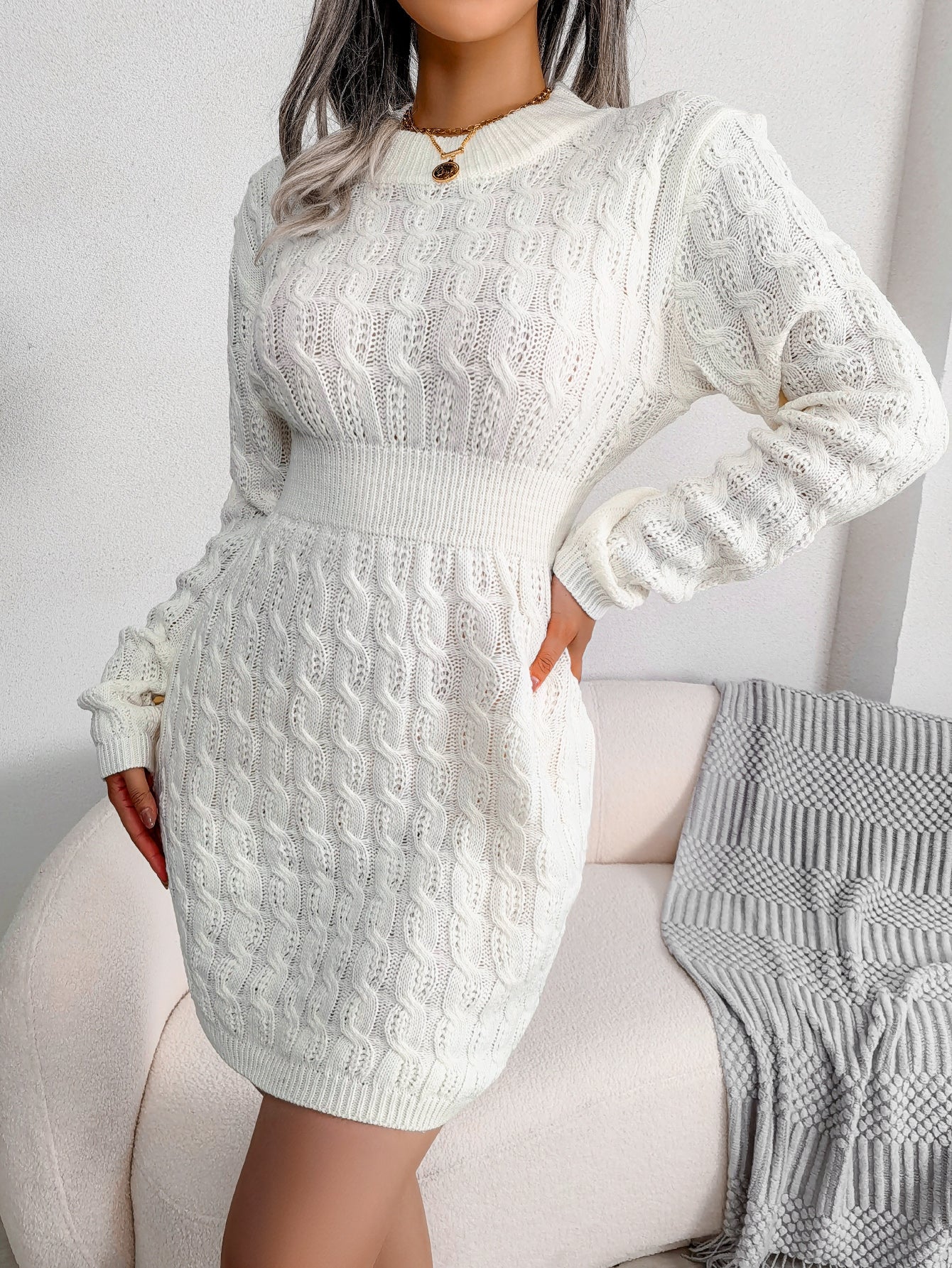 Casual Cable Knit Waist Cinched Bodycon Sweater Dress Sluxe Global