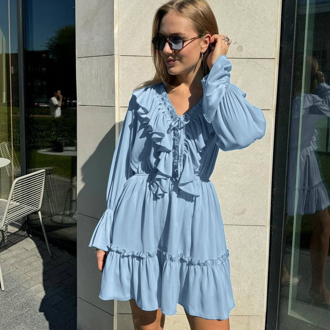 Fashion V Neck Pleated Ruffle Long Sleeve Dress Y2K V Neck Flared Sleeve Short Dress Women's Clothing - Sluxe Fashions