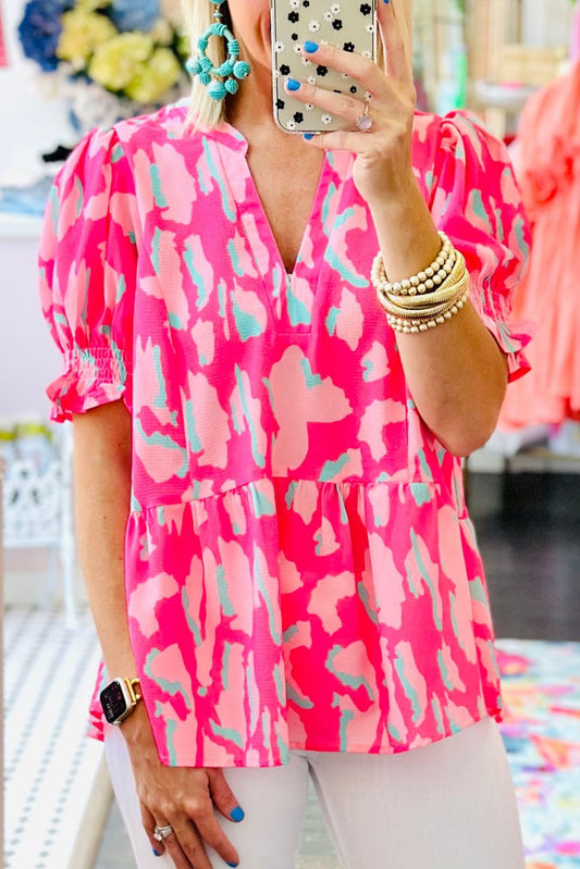 Rose Plus Size Abstract Print Puff Sleeve V Neck Blouse - Sluxe Fashions