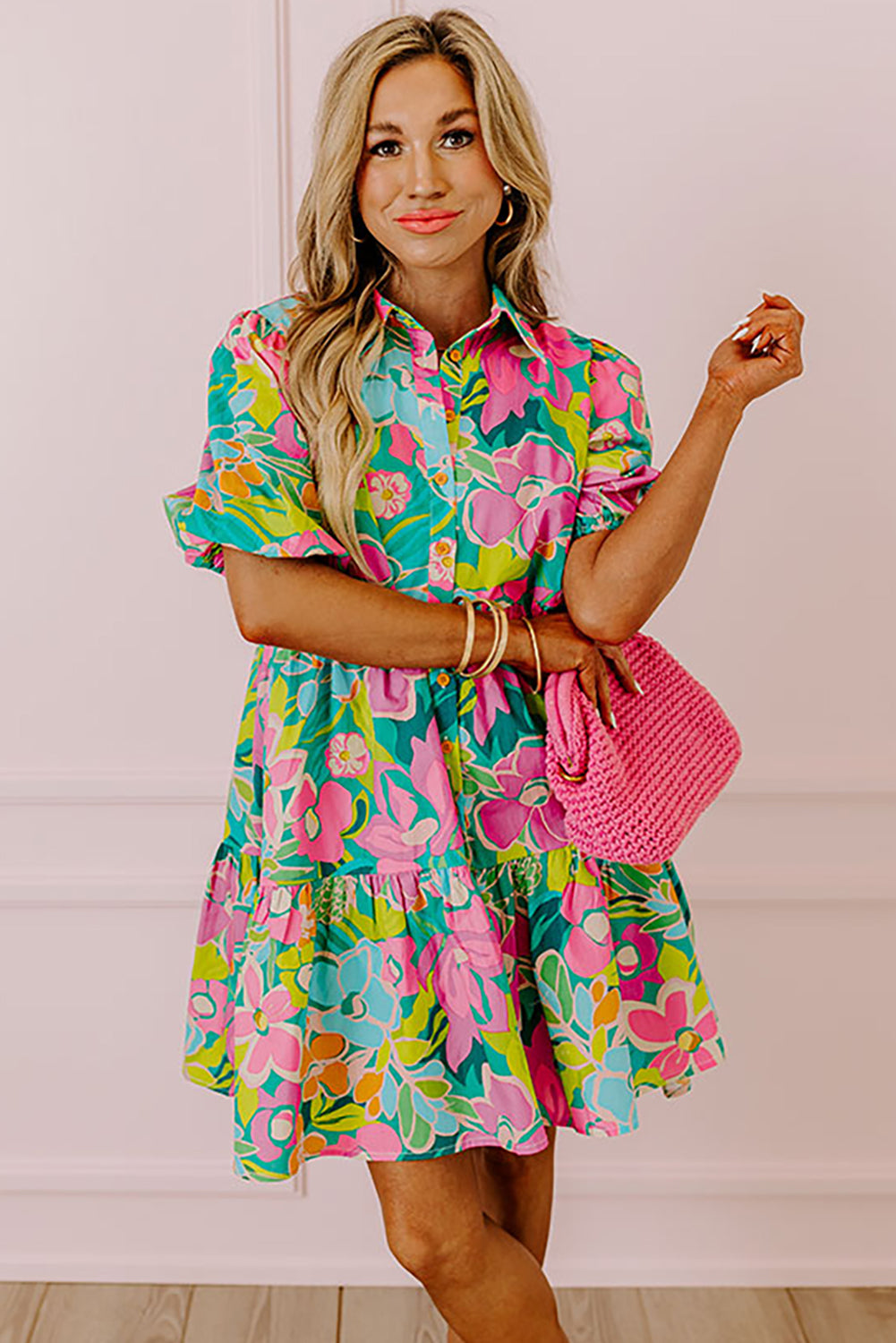 Green Floral Puff Sleeve Buttoned Babydoll Dress - Sluxe Fashions