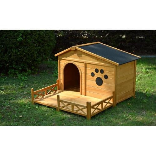 48 Wooden Dog House Outdoor With Porch, Dog Kennel With Water-Resistant Asphalt Roof And Fencing,Indoor & Outdoor Dog Crate With Paw Print, Medium, Nature Sluxe Global