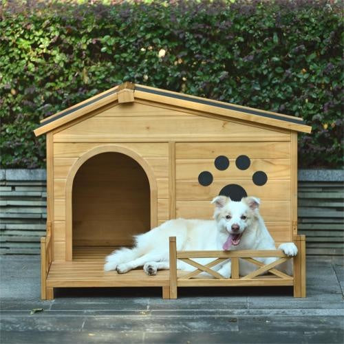 48 Wooden Dog House Outdoor With Porch, Dog Kennel With Water-Resistant Asphalt Roof And Fencing,Indoor & Outdoor Dog Crate With Paw Print, Medium, Nature Sluxe Global