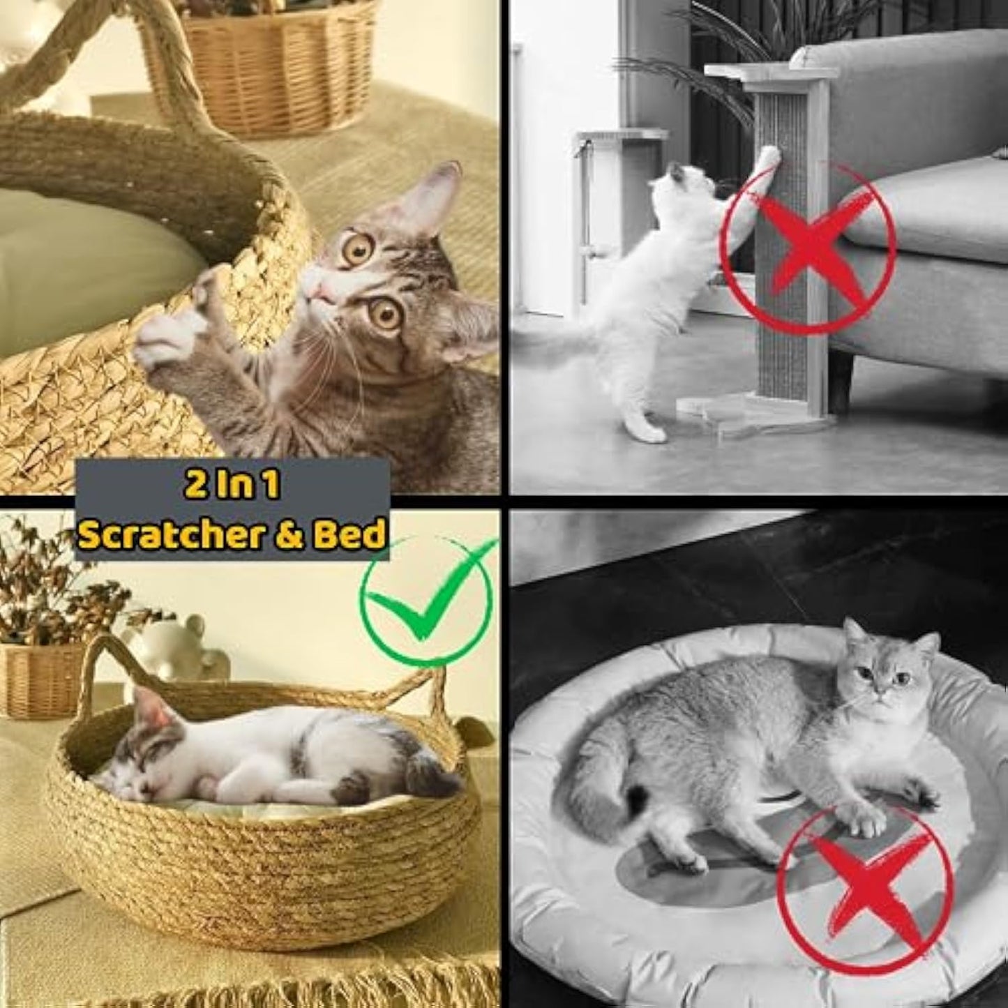 Natural Woven Cat Bed With Soft Cushion, Handmade Braided Cattail Leaf Pet House, Eco-Friendly Straw Nest Sluxe Global