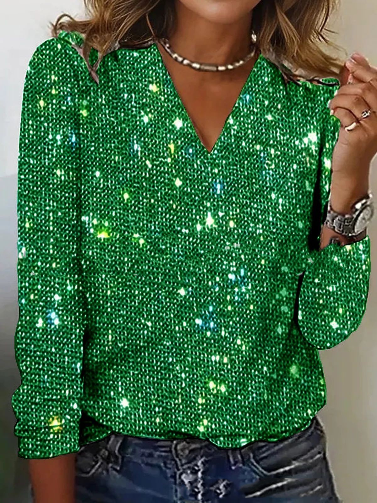Women's Pure Color Sequins Long-sleeved T-shirt Sluxe Global