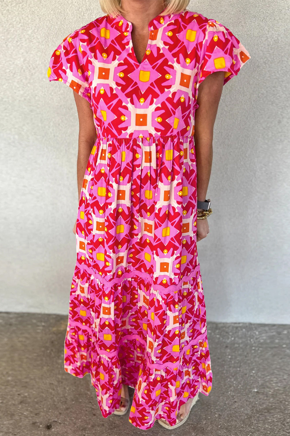 Sea Green Abstract Print Pleated Flounce Sleeve Maxi Dress - Sluxe Fashions