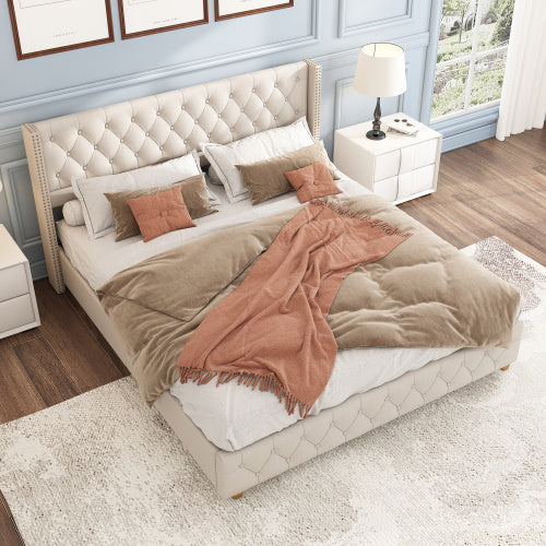 Upholstered Bed,Double Bed-4ft6 135x190cm ,With Slatted Frame And Headboard, Button Upholstery, Rivet Upholstery, Wooden Legs, Linen, Beige
