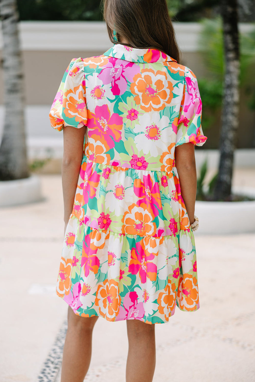 Green Floral Puff Sleeve Buttoned Babydoll Dress - Sluxe Fashions
