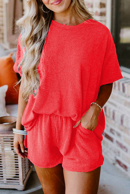 Orange Ribbed Textured Loose Fit Tee & Shorts Set - Sluxe Fashions