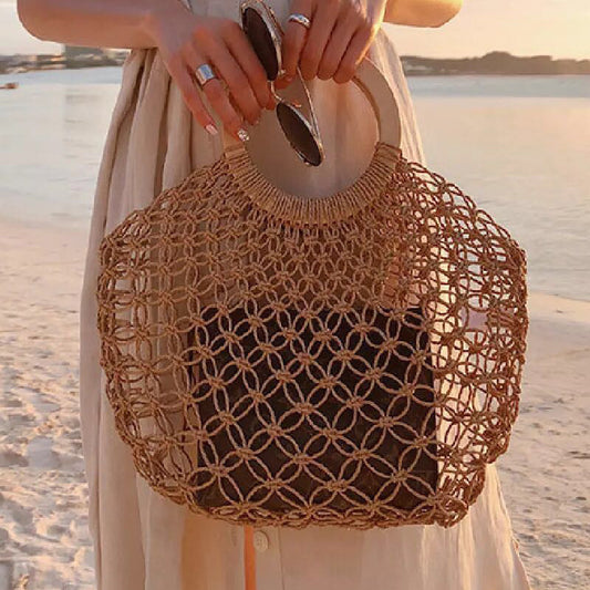 Woven Round Wooden Handle Casual Women's Handbag - Sluxe Fashions