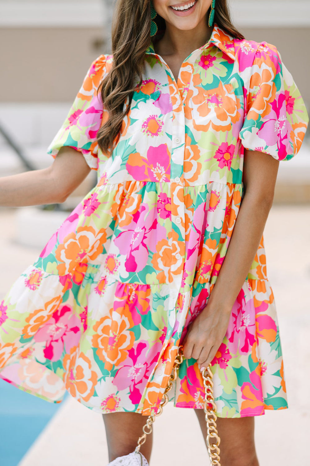 Green Floral Puff Sleeve Buttoned Babydoll Dress - Sluxe Fashions