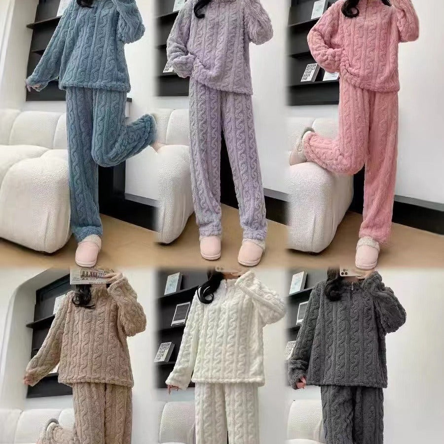 Autumn And Winter New Twist Zipper Couple Fleece-lined Thick Coral Fleece Pajamas Homewear Loungewear Sleepwear For Sleeping - Sluxe Fashions