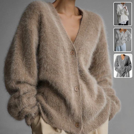 Loose V-neck Button Cardigan Fall Winter Fashion Single Breasted Knitted Sweater Top Women's Clothing - Sluxe Fashions