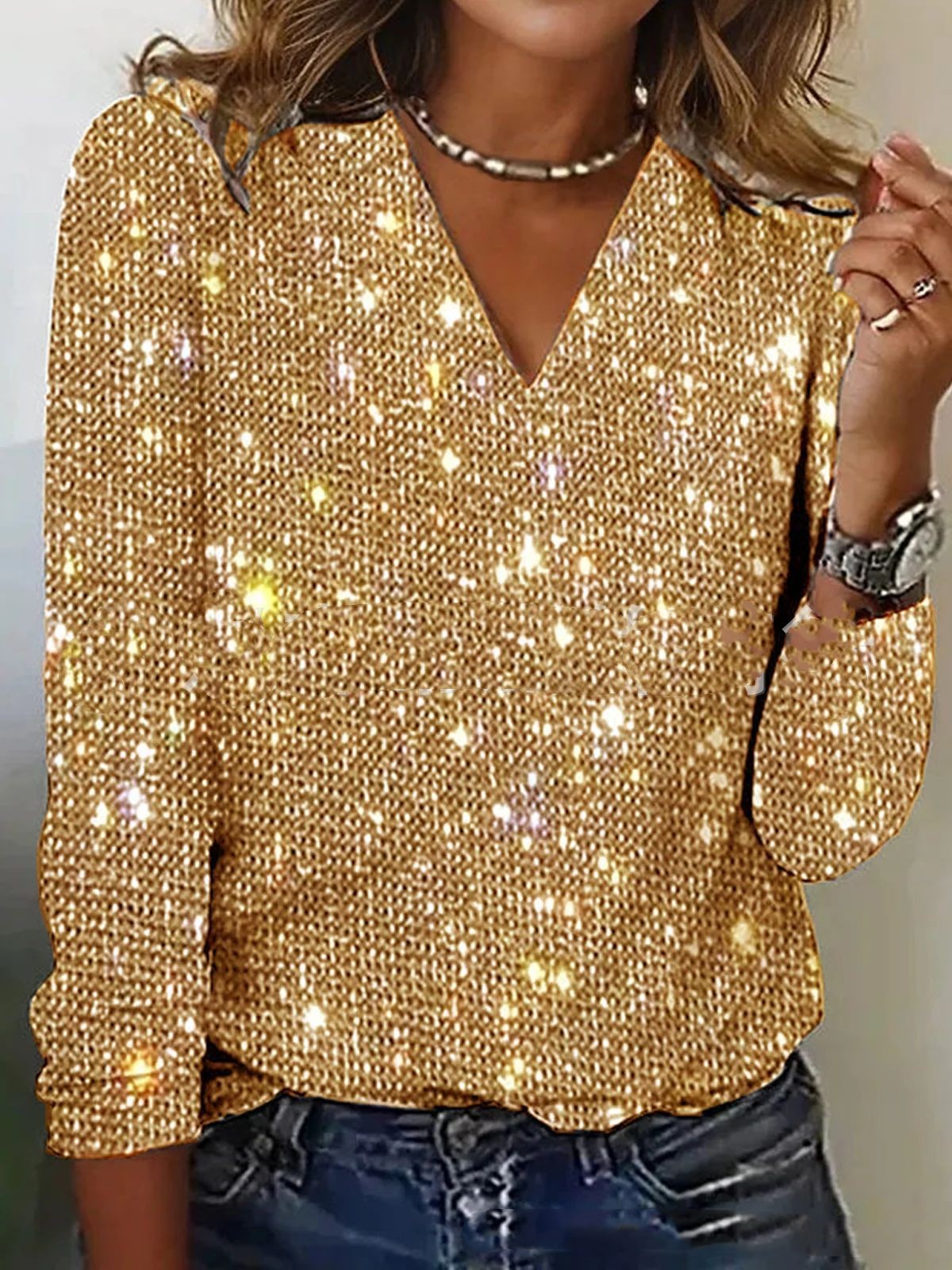 Women's Pure Color Sequins Long-sleeved T-shirt Sluxe Global