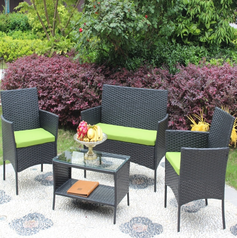 4PC Rattan Patio Furniture Set Outdoor Wicker Sofa W  Green Cushions - Sluxe Fashions