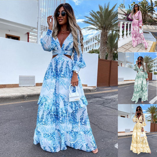 Elegant Women's Hollow Floor V-neck Long-sleeved Plant Dress Long Dresses Spring Summer Print V-neck Long Sleeve Dress - Sluxe Global